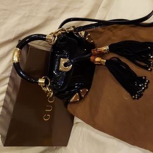 Gucci mini bamboo tassels, black patent leather dust bag and original box